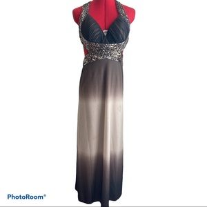 Betsy & Adam Black and Silver Ombre Prom Dress